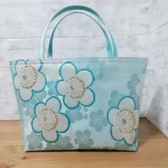 帯リメイク少し大きめバッグ水色に梅の花