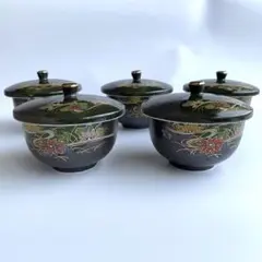 林斎窯　湯呑み茶碗　蓋付き　緑彩　5客セット