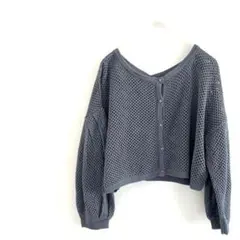 archives くすみブルー メッシュ編み クロップドカーディガン 長袖 M