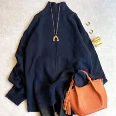 人気 ミラオーウェン 上質ウールカシミヤタートルネックニット ネイビー リブ