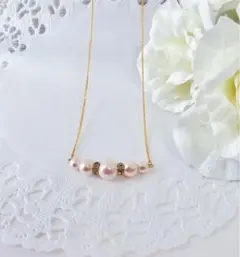 ピンクコットンパールとゴールドロンデルのネックレス