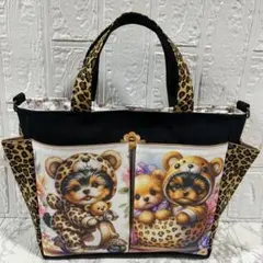 ⓵【ハンドメイド】♡ヨーキーちゃんと豹柄♡ポケット沢山お散歩バッグ