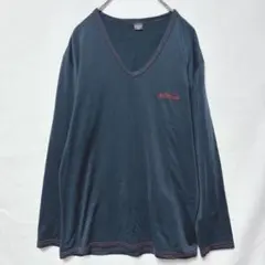 mobus モーブス Vネック長袖Tシャツ インナー 裏起毛 ネイビー ロゴ