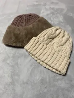 2点セットニット帽　白　ブラウン　ファー付き
