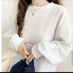 ワッフル長袖トップス XL 白 ゆったり 大きめ クルーネック 体型カバ