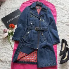【美品】D&G ロングデニムコート S ブルー ベルト ライダース ベルト柄