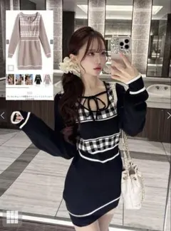 GRL ギンガムチェック柄配色ラインニットミニワンピース 黒 [ru1353]