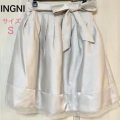 イング フレアスカート ミニスカート ベージュ 膝丈 リボン付 サテンシルク調S