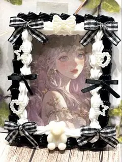 【B8】ホイップデコ♡硬質カードケース♡リボン♡ギンガムチェック♡黒【181】