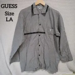 【人気☆GUESS】黒　白　チェックシャツ　ブランドロゴ　？マーク　サイズLA