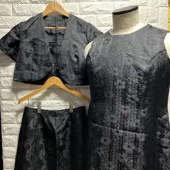 レトロ花柄 ジャガード 3点セット ワンピース ボレロ スカート 黒