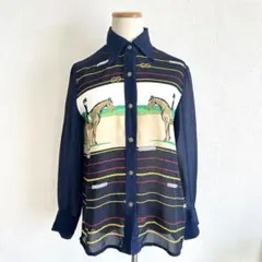 ヴィンテージ 昭和レトロ馬プリント ネイビー シースルーシャツ