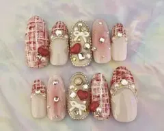 ネイルチップ　即購入ok 赤　ツイード　冬　クリスマス　ハート　リボン　フレンチ