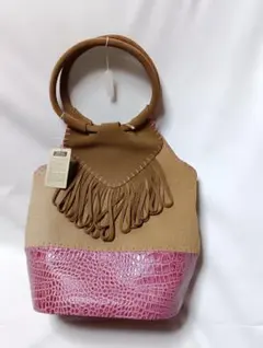 フリンジ付きトートバッグ ベージュ ピンク