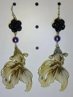 金魚と黒薔薇の和風ロングピアス