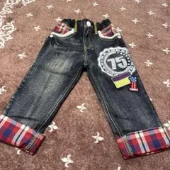 ダークブルーデニムパンツ チェック柄折り返し