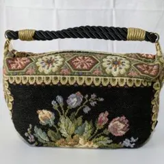 未使用シンクビー　花柄ゴブラン織り　ミニ手提げバッグ 　ポーチ　ブラック
