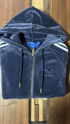 adidasアディダスベロアフードパーカー トラックジャケットネイビー10s