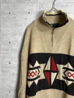 古着　ニット　プルオーバー　総柄　メンズ　レトロ　日本製　ウール100%