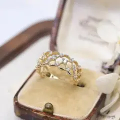 925シルバー ゴールドリング モアサナイト ホローレース フリーサイズ 〇