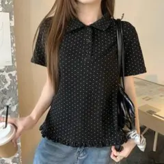 【即購入可】DAZY 女性用 韓国スタイル ポルカドット柄ポロカラー 半袖シャツ