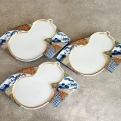 扇瓢箪皿　3枚　高級和食器　平皿　口替り皿　縁起物　金彩　手描き　作家　有田焼