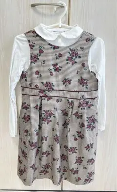 【フォーマルシーン】BeBe 長袖ブラウス花柄チェックワンピース 140