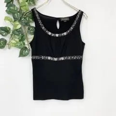 美品✨ マンシェ タンクトップ ブラック ビーズ装飾 シルク混 ノースリーブ 黒のサムネイル