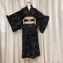 黒系唐草柄　着物　帯セット