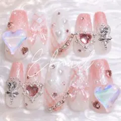 ♡ちゅるん ネイルチップ うるうるオーロラ ハートビジュー 韓国ネイル 量産型
