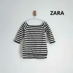 ZARA KNIT ボーダー トップス S スクエアネック 七分袖