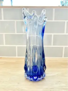 レトロ 花瓶 ガラス フラワーベース フリル ヴィンテージ Vase ブルー 青