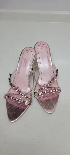 ピンク フラワー装飾 高ヒールミュール