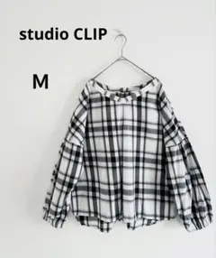 studio CLIP チェック柄 バルーンスリーブブラウス　Vネック