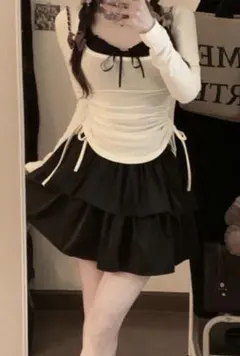 フリルリボンキャミソール×ドロストトップスアンサンブル[ac2472]