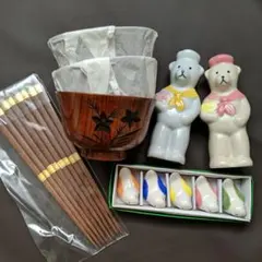 木製御椀、陶器調味料入れ、箸、箸置きセット