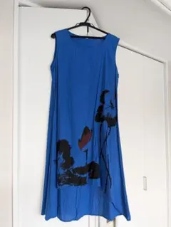 韓国製 大花柄ノースリーブチュニックワンピース Mサイズ 青