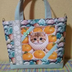 ネコちゃんフルーツギフト両面パネルハンドメイドミニトートバッグ(手持ちタイプ)