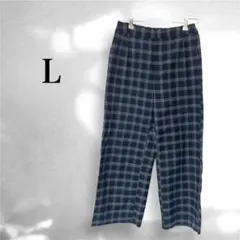 ネイビー チェック ワイドパンツ Lサイズ ウエストゴム ゆったり カジュアル