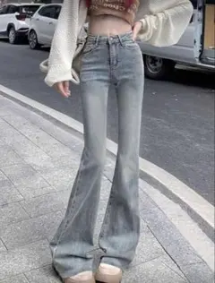 ブーツカットデニム 薄い青 ハイウエスト フレアデニムパンツ