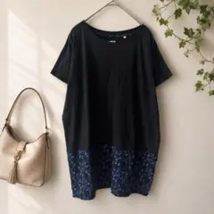 Z◇ユニクロ×リバティー◇ チュニック フレンチカットソー M 黒 花柄 切替のサムネイル