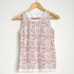 花柄フリルタンクトップキャミソールプリントピンクキャミボタニカルフラワーМサイズ