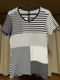 wjk ストライプパッチワークVネックTシャツ sのサムネイル