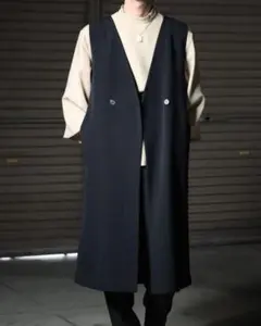 ノーカラー ダブルボタン ロング丈 ジレ ベスト 黒 ブラック 80s 90sのサムネイル