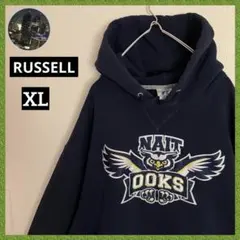 RUSSELLラッセル前Vガゼット袖太カレッジフーディー パーカースウェット紺