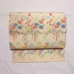 名古屋帯 正絹 花柄 刺繍 クリーム色 着物