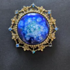 ヴィンテージ 花飾り ブローチ 青