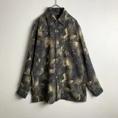 シャツ　ダークグリーン　総柄　クレイジー柄　お洒落　レトロ　美品　古着