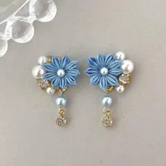 no.73 水色　華ビジュー ピアス　イヤリング　和風　振袖　着物　ブルー