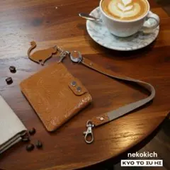 猫チャーム付き本革コンパクトミニ財布 サブ財布 カードケース